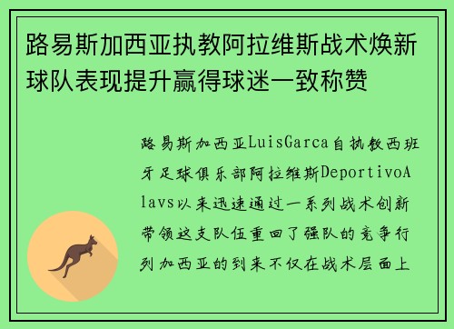 路易斯加西亚执教阿拉维斯战术焕新球队表现提升赢得球迷一致称赞